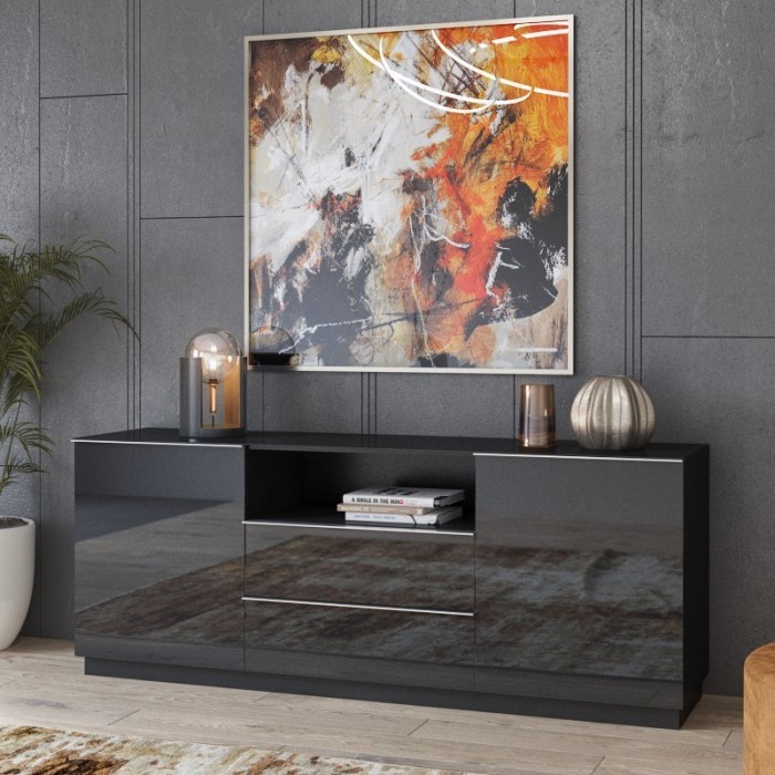 Buffet 180cm 2 portes et 2 tiroirs collection ZANTE. Coloris noir brillant pailleté