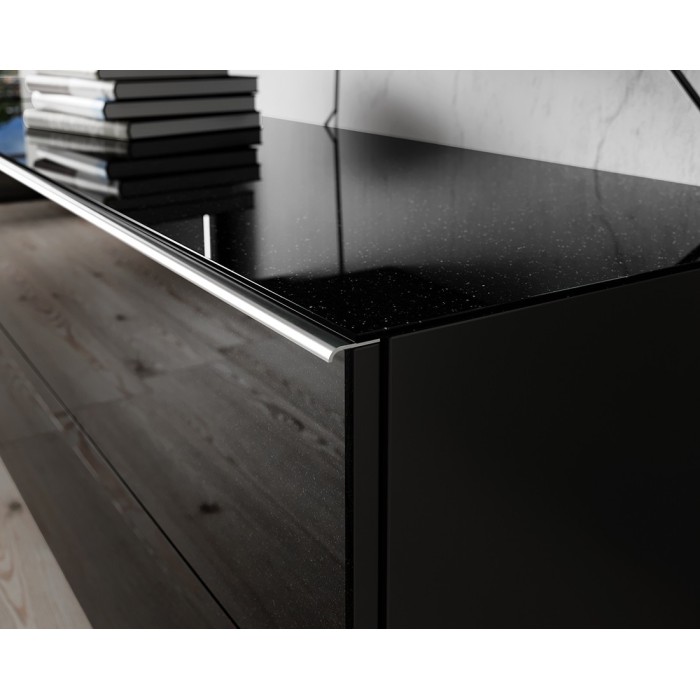 Buffet 180cm 2 portes et 2 tiroirs collection ZANTE. Coloris noir brillant pailleté