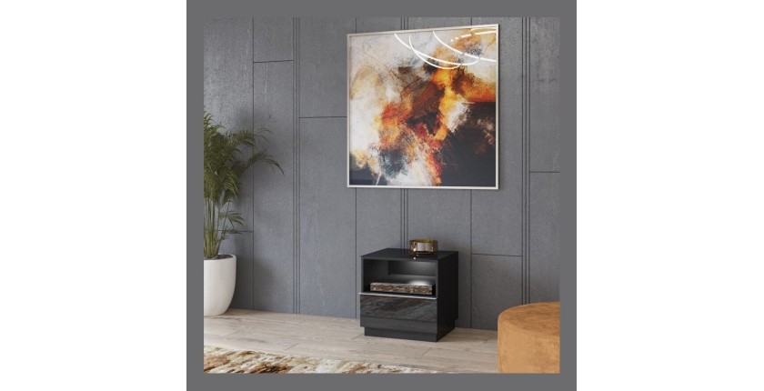 Petit Meuble TV ou meuble d'appoint 50cm collection ZANTE avec 1 tiroir et une niche. Couleur noir brillant pailleté