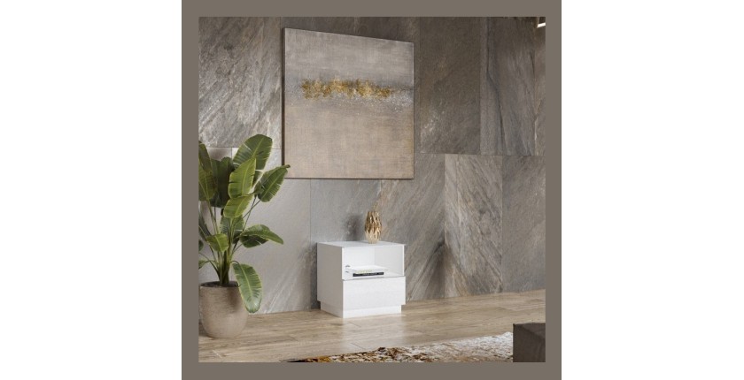 Petit Meuble TV ou meuble d'appoint 50cm collection ZANTE avec 1 tiroir et une niche. Couleur blanc brillant