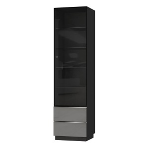 Vitrine haute, 1 porte vitrée et 2 tiroirs collection ZANTE. Coloris noir et gris brillant