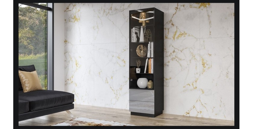 Vitrine haute, 1 porte vitrée et 2 tiroirs collection ZANTE. Coloris noir et gris brillant