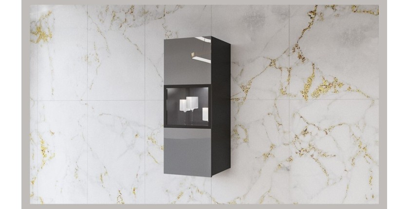 Vitrine suspendue, 1 porte vitrée collection ZANTE. Coloris noir et gris brillant