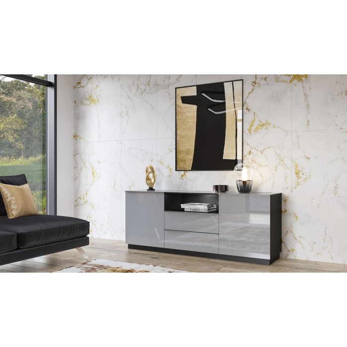 Buffet 180cm 2 portes et 2 tiroirs collection ZANTE. Coloris noir et gris brillant