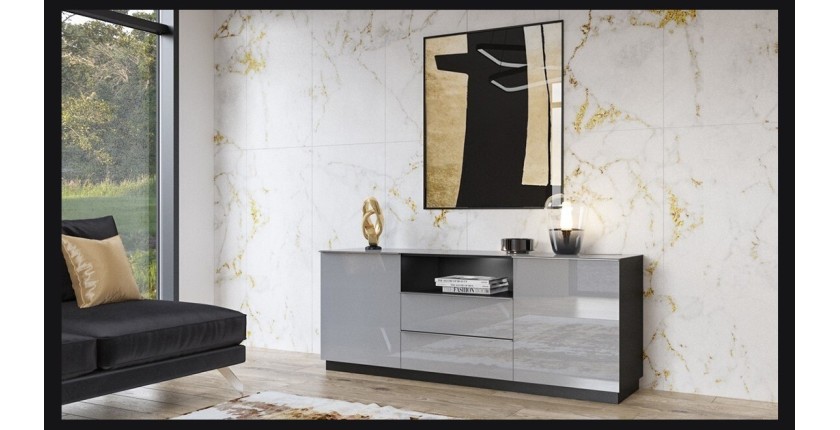 Buffet 180cm 2 portes et 2 tiroirs collection ZANTE. Coloris noir et gris brillant