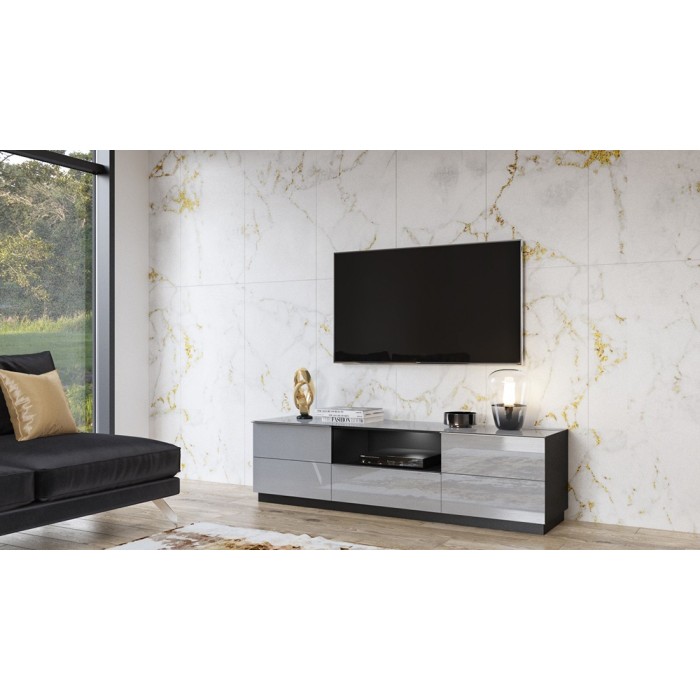 Meuble TV 180cm collection ZANTE avec 2 portes et 1 tiroir. Couleur noir et gris brillant