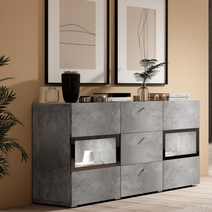 Buffet 2 portes et 3 tiroirs collection RAMOS. Coloris gris effet béton et noir.