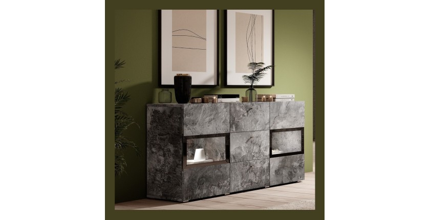 Buffet 2 portes et 3 tiroirs collection RAMOS. Coloris gris effet ardoise et noir