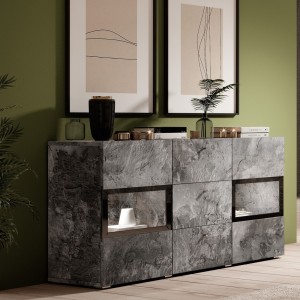 Buffet 2 portes et 3 tiroirs collection RAMOS. Coloris gris effet ardoise et noir