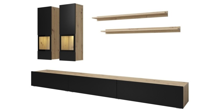 Ensemble meubles de salon collection RAMOS. Coloris chêne et noir super mat.