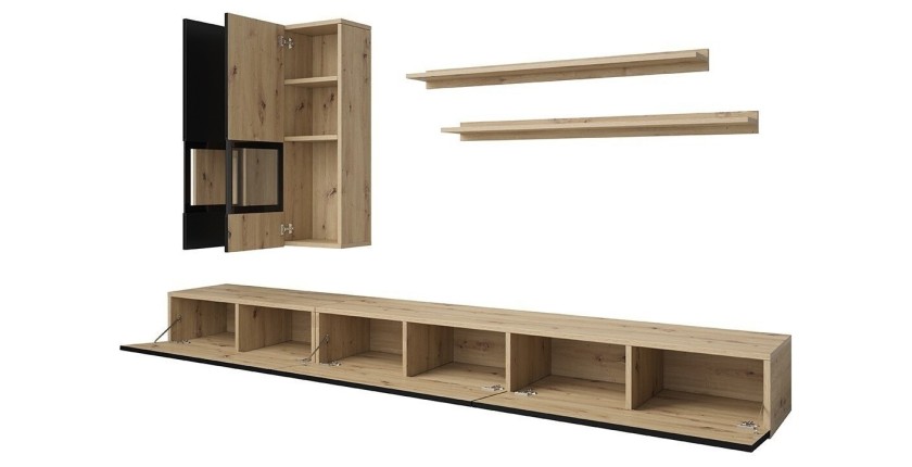 Ensemble meubles de salon collection RAMOS. Coloris chêne et noir super mat.