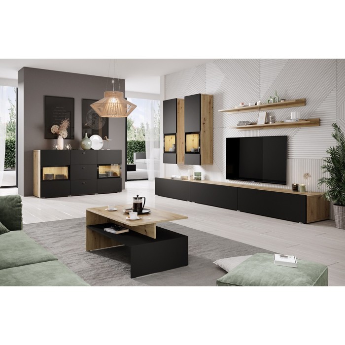Ensemble meubles de salon collection RAMOS. Coloris chêne et noir super mat.