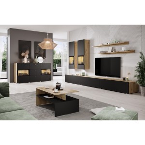 Ensemble meubles de salon collection RAMOS. Coloris chêne et noir super mat.