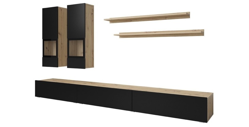 Ensemble meubles de salon collection RAMOS. Coloris chêne et noir super mat.