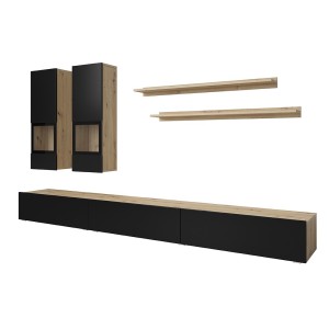 Ensemble meubles de salon collection RAMOS. Coloris chêne et noir super mat.