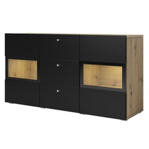 Buffet 2 portes et 3 tiroirs collection RAMOS. Coloris chêne et noir super mat
