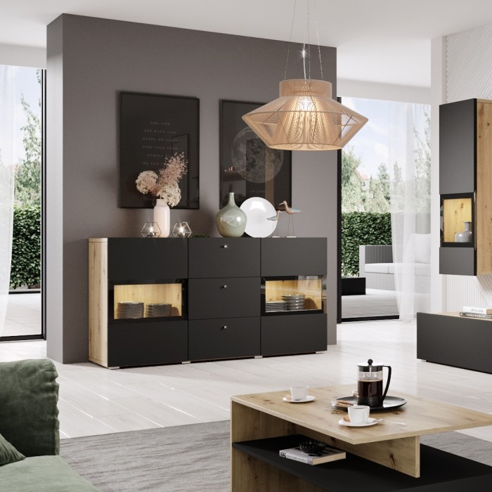 Buffet 2 portes et 3 tiroirs collection RAMOS. Coloris chêne et noir super mat