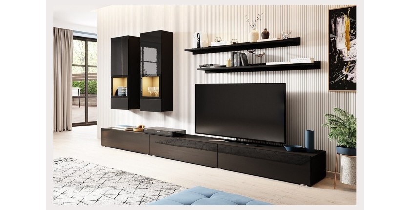 Ensemble meubles de salon collection RAMOS. Coloris noir brillant.