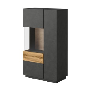 Buffet haut avec collection KILES deux portes. Coloris gris anthracite et chêne. Porte vitrée à gauche