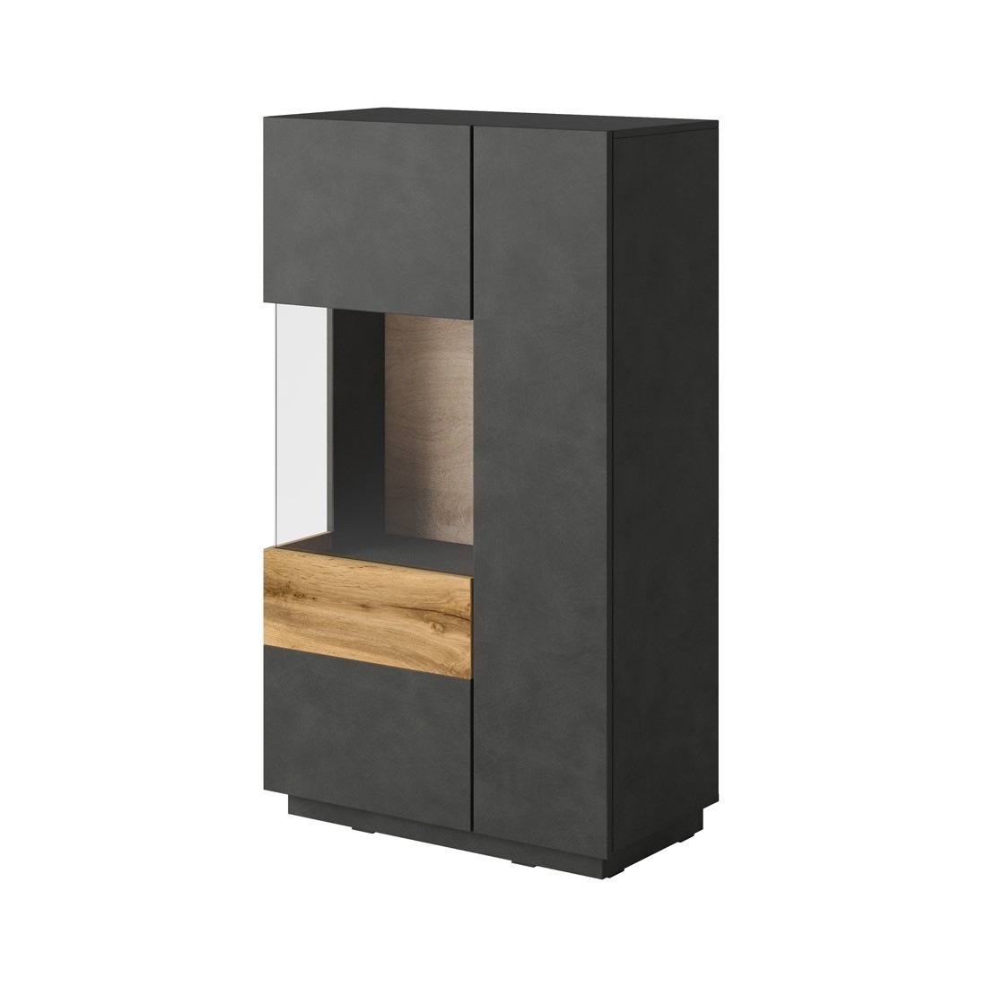 Buffet haut avec collection KILES deux portes. Coloris gris anthracite et chêne. Porte vitrée à gauche