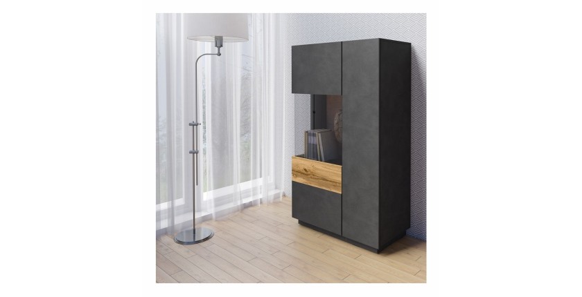 Buffet haut avec collection KILES deux portes. Coloris gris anthracite et chêne. Porte vitrée à gauche