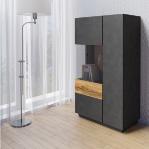 Buffet haut avec collection KILES deux portes. Coloris gris anthracite et chêne. Porte vitrée à gauche