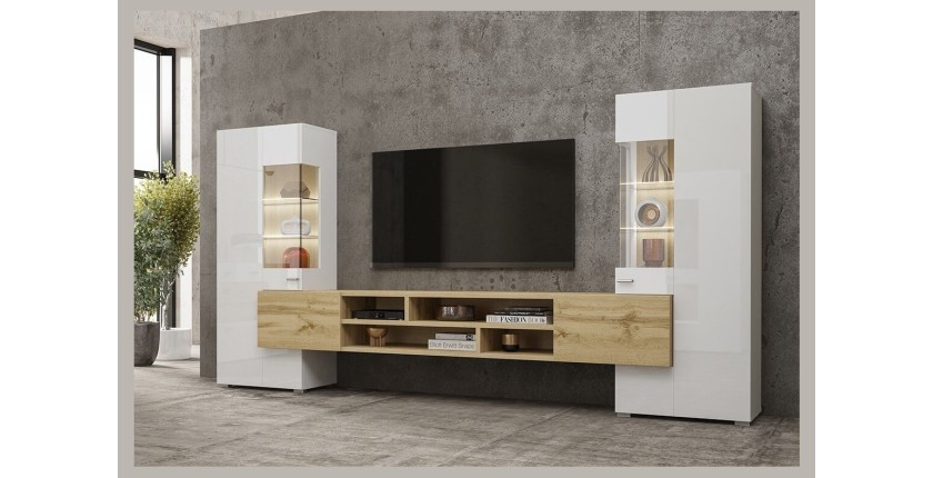 Ensemble de 3 meubles de salon collection KOBEE. Couleur blanc et chêne