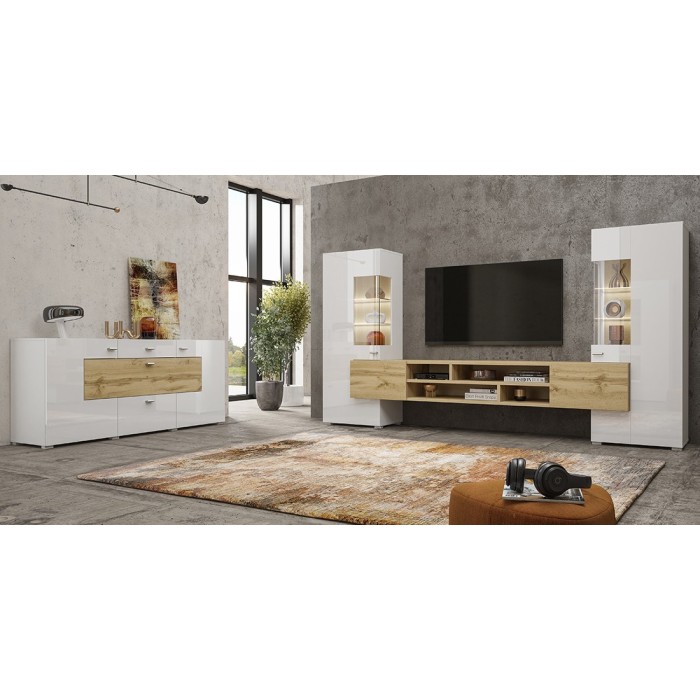 Ensemble de 3 meubles de salon collection KOBEE. Couleur blanc et chêne