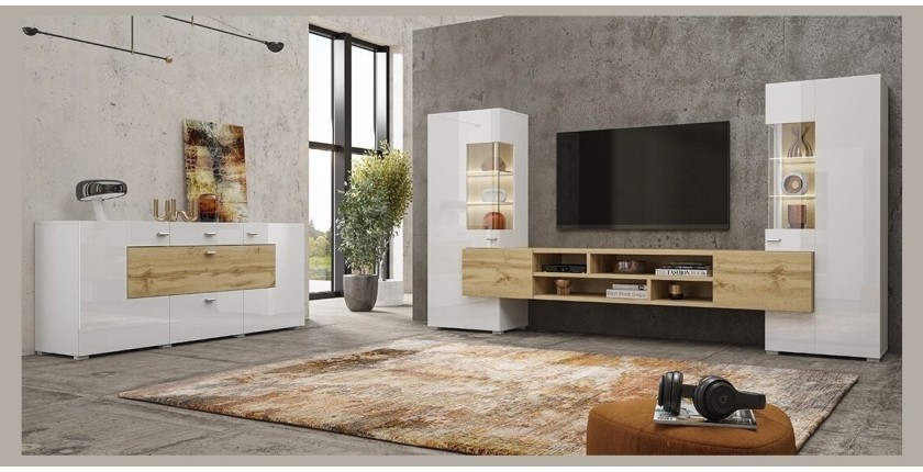 Ensemble de 3 meubles de salon collection KOBEE. Couleur blanc et chêne