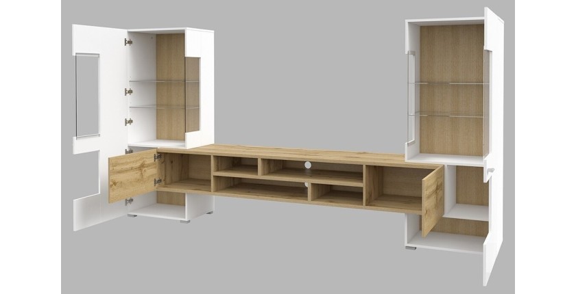 Ensemble de 3 meubles de salon collection KOBEE. Couleur blanc et chêne