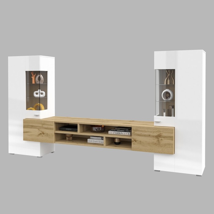 Ensemble de 3 meubles de salon collection KOBEE. Couleur blanc et chêne