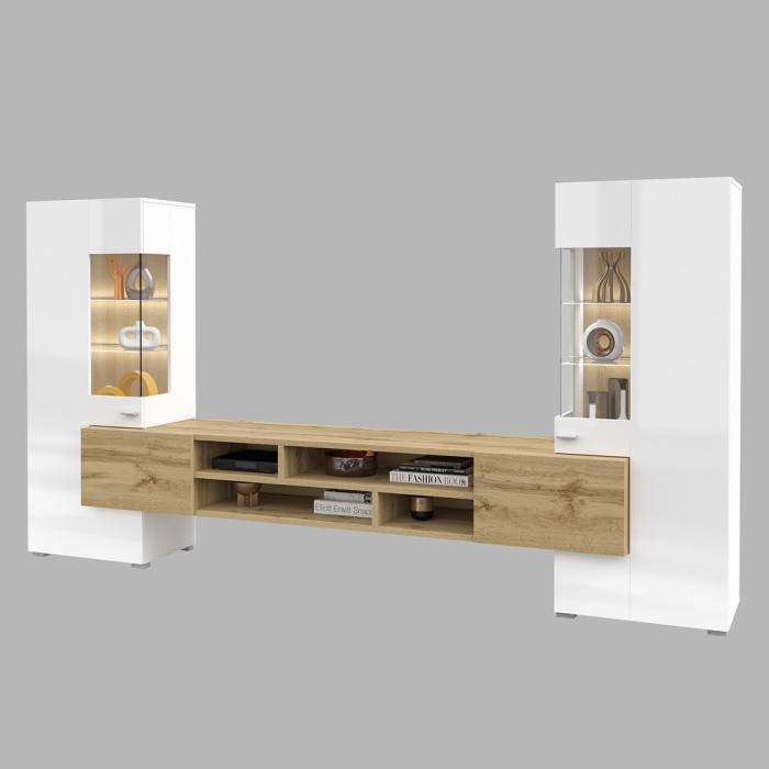 Ensemble de 3 meubles de salon collection KOBEE. Couleur blanc et chêne