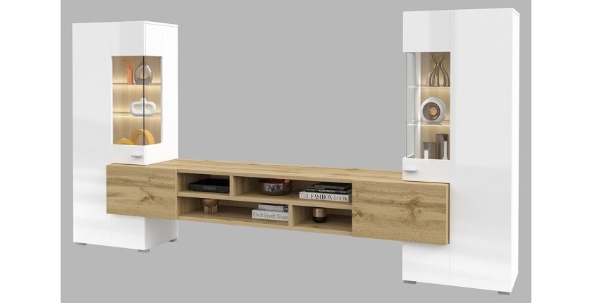 Ensemble de 3 meubles de salon collection KOBEE. Couleur blanc et chêne