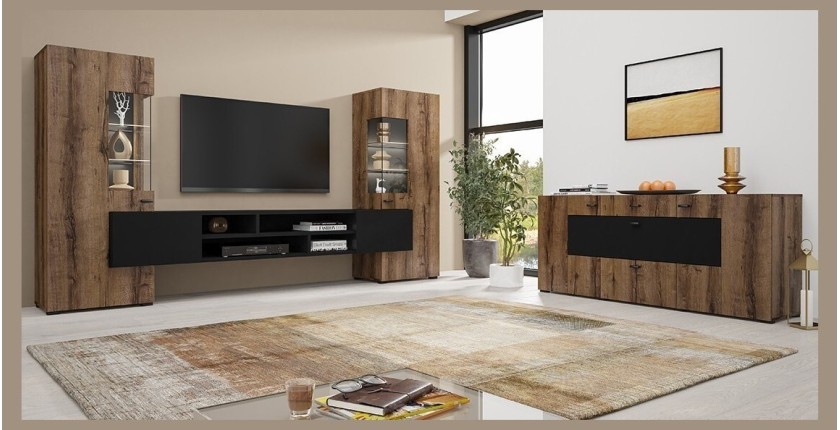 Ensemble de 3 meubles de salon collection KOBEE. Couleur chêne foncé et noir.