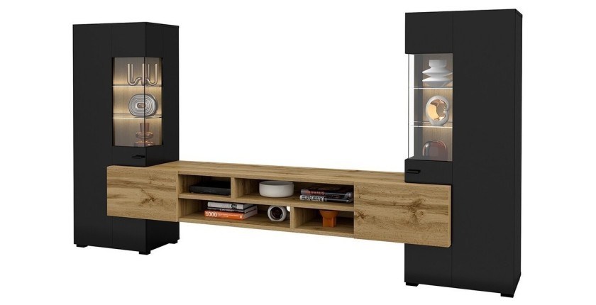 Ensemble de 3 meubles de salon collection KOBEE. Couleur noir et chêne