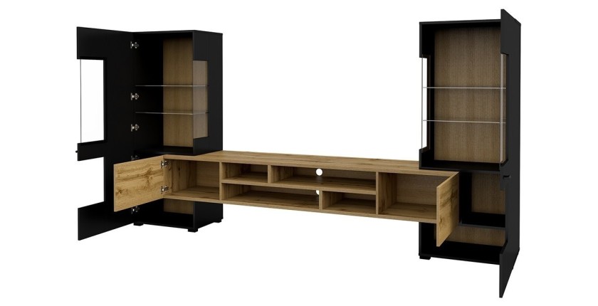 Ensemble de 3 meubles de salon collection KOBEE. Couleur noir et chêne