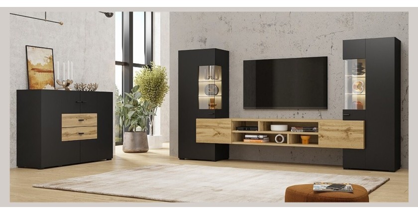 Ensemble de 3 meubles de salon collection KOBEE. Couleur noir et chêne