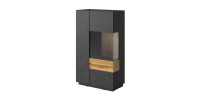Buffet haut collection KILES deux portes. Coloris gris anthracite et chêne. Porte vitrée à droite