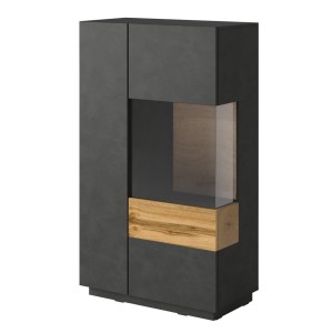 Buffet haut collection KILES deux portes. Coloris gris anthracite et chêne. Porte vitrée à droite