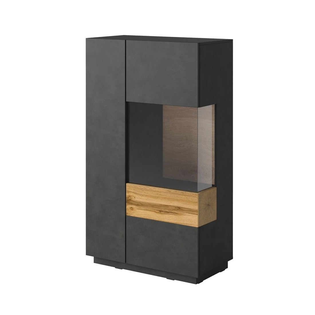Buffet haut collection KILES deux portes. Coloris gris anthracite et chêne. Porte vitrée à droite