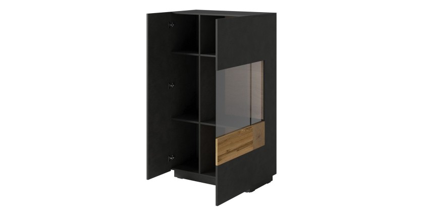 Buffet haut collection KILES deux portes. Coloris gris anthracite et chêne. Porte vitrée à droite