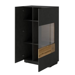 Buffet haut collection KILES deux portes. Coloris gris anthracite et chêne. Porte vitrée à droite