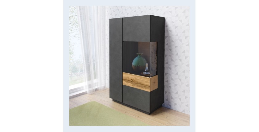 Buffet haut collection KILES deux portes. Coloris gris anthracite et chêne. Porte vitrée à droite
