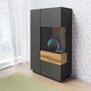 Buffet haut collection KILES deux portes. Coloris gris anthracite et chêne. Porte vitrée à droite