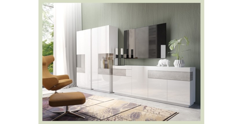 Vitrine, bibliothèque, vaisselier KILES coloris blanc et gris. Modèle vitrine droite.