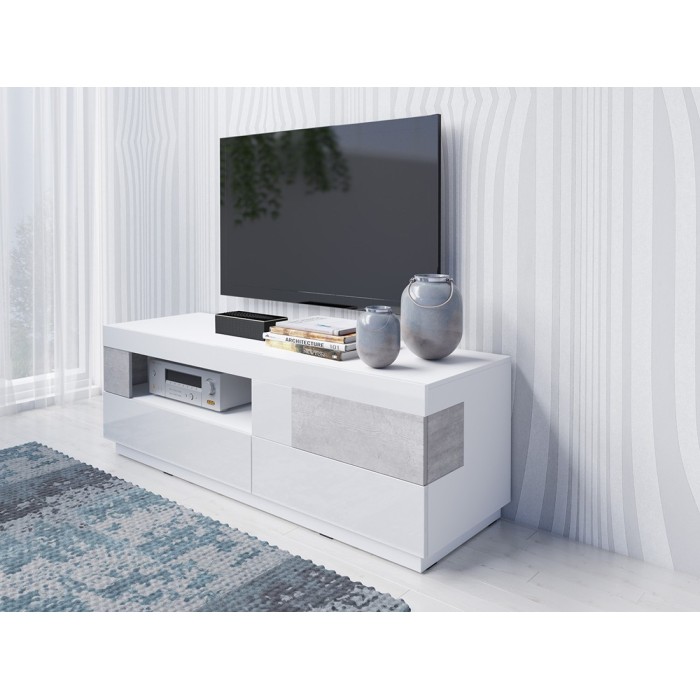 Meuble TV 160cm collection KILES. Coloris blanc et gris. Style design