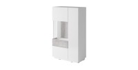 Buffet haut avec collection KILES deux portes. Coloris blanc et gris béton. Porte vitrée à gauche