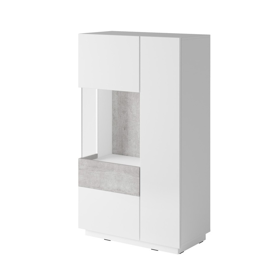 Buffet haut avec collection KILES deux portes. Coloris blanc et gris béton. Porte vitrée à gauche