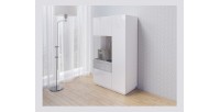 Buffet haut avec collection KILES deux portes. Coloris blanc et gris béton. Porte vitrée à gauche