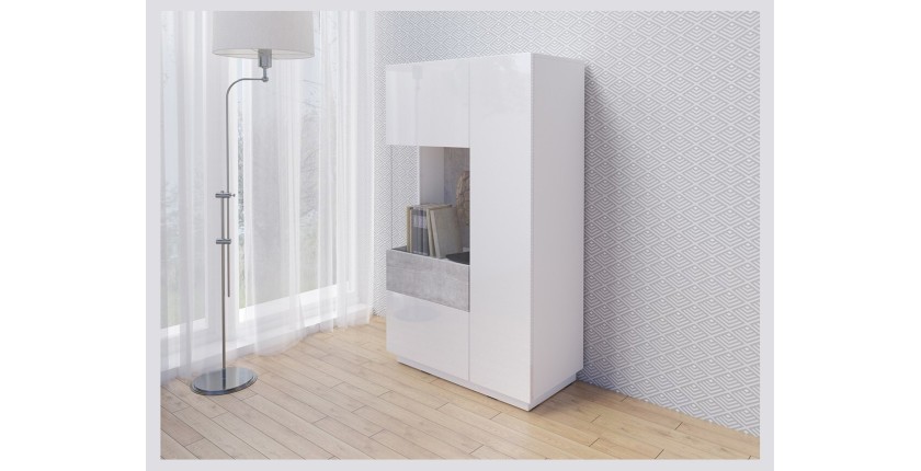 Buffet haut avec collection KILES deux portes. Coloris blanc et gris béton. Porte vitrée à gauche